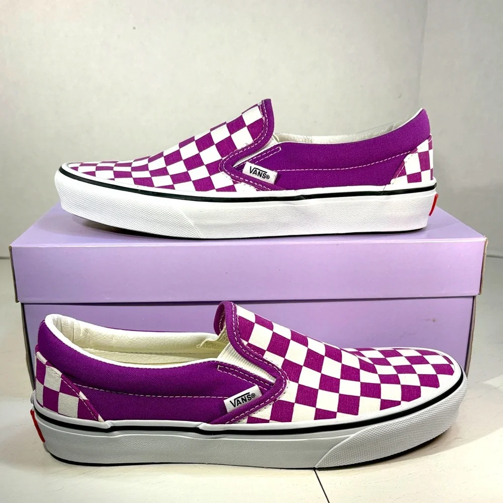 Vans Violet and White Checkered Slip-Ons Women’s 8.5